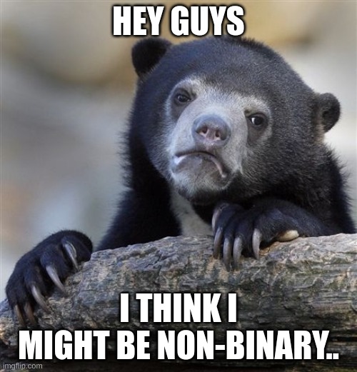 I think so.. | HEY GUYS; I THINK I MIGHT BE NON-BINARY.. | image tagged in memes,confession bear | made w/ Imgflip meme maker
