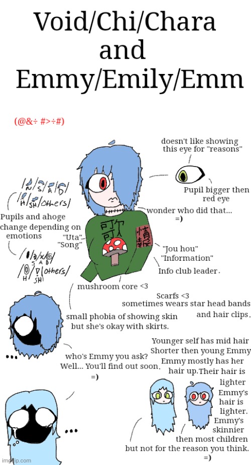 I redesigned my oc and added lore. Any theories? The red text means something. Please pay attention to this, it took DAYS. | made w/ Imgflip meme maker