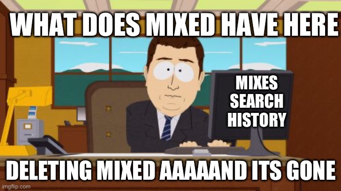Aaaaand Its Gone | WHAT DOES MIXED HAVE HERE; MIXES SEARCH HISTORY; DELETING MIXED AAAAAND ITS GONE | image tagged in memes,aaaaand its gone | made w/ Imgflip meme maker