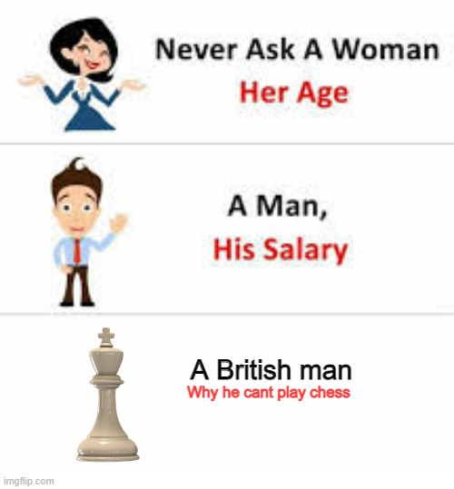 aw crap | A British man; Why he cant play chess | image tagged in never ask a woman her age | made w/ Imgflip meme maker