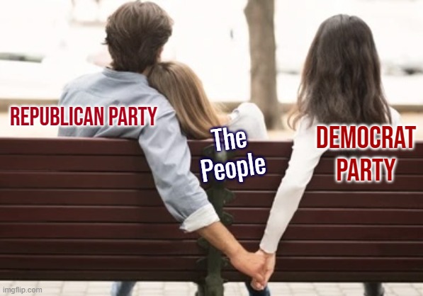 People Vs The Parties | REPUBLICAN PARTY; The People; DEMOCRAT PARTY | image tagged in holding hands behind back fixed textboxes,politics,economics,taxes,freedom,socialism | made w/ Imgflip meme maker