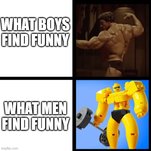 What men find funny | WHAT BOYS FIND FUNNY; WHAT MEN FIND FUNNY | image tagged in men,lego,humor,chad,bodybuilder | made w/ Imgflip meme maker