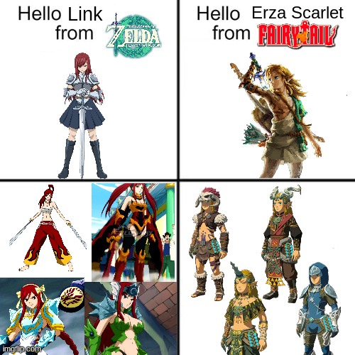 Link and Erza: quick changing armors | Link; Erza Scarlet | image tagged in hello person from | made w/ Imgflip meme maker