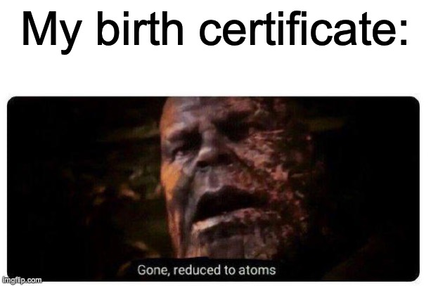 Self burn | My birth certificate: | image tagged in gone reduced to atoms | made w/ Imgflip meme maker