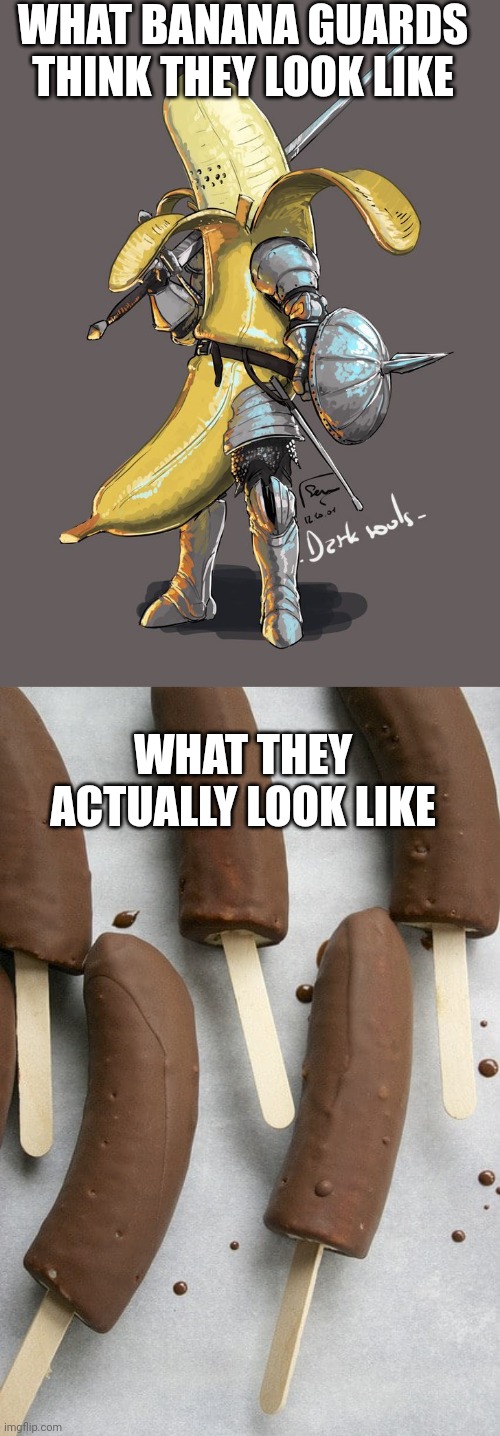 BANANA GUARDS | WHAT BANANA GUARDS THINK THEY LOOK LIKE; WHAT THEY ACTUALLY LOOK LIKE | image tagged in adventure time,banana | made w/ Imgflip meme maker