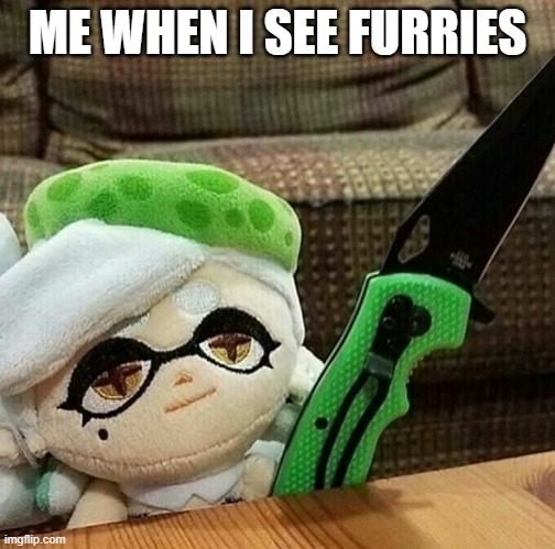 Marie plush with a knife | ME WHEN I SEE FURRIES | image tagged in marie plush with a knife | made w/ Imgflip meme maker
