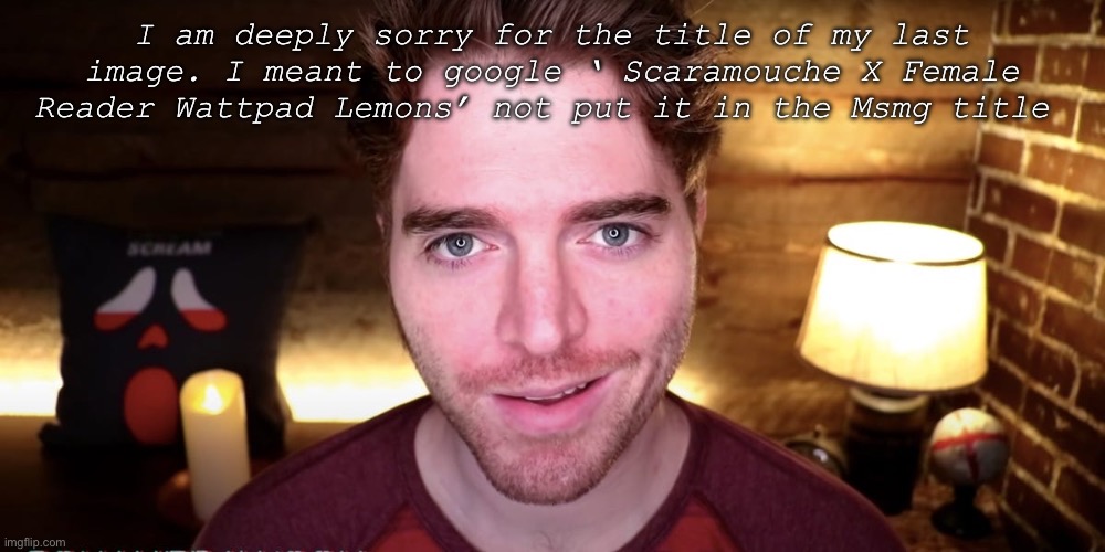 I apologize. | I am deeply sorry for the title of my last image. I meant to google ‘ Scaramouche X Female Reader Wattpad Lemons’ not put it in the Msmg title | image tagged in shane dawson smirk | made w/ Imgflip meme maker