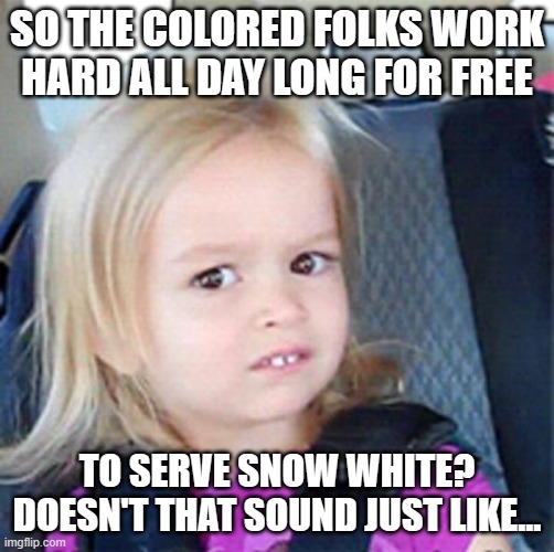 Confused Little Girl | SO THE COLORED FOLKS WORK HARD ALL DAY LONG FOR FREE TO SERVE SNOW WHITE?
DOESN'T THAT SOUND JUST LIKE... | image tagged in confused little girl | made w/ Imgflip meme maker