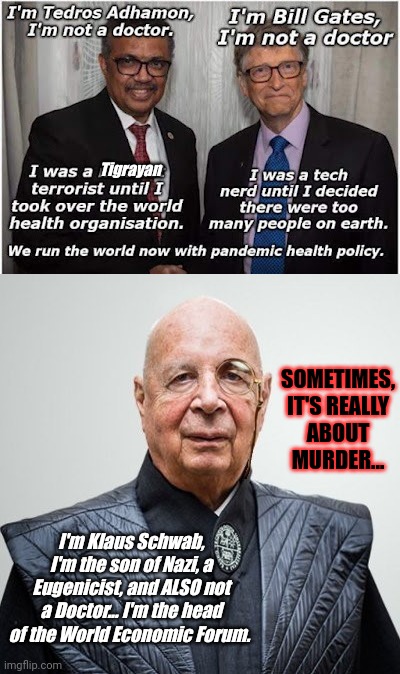 Tigrayan SOMETIMES, IT'S REALLY ABOUT MURDER... I'm Klaus Schwab, I'm the son of Nazi, a Eugenicist, and ALSO not a Doctor... I'm the head o | image tagged in klaus schwab | made w/ Imgflip meme maker