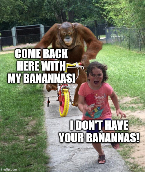 Orangutan chasing girl on a tricycle | COME BACK HERE WITH MY BANANNAS! I DON'T HAVE YOUR BANANNAS! | image tagged in orangutan chasing girl on a tricycle | made w/ Imgflip meme maker