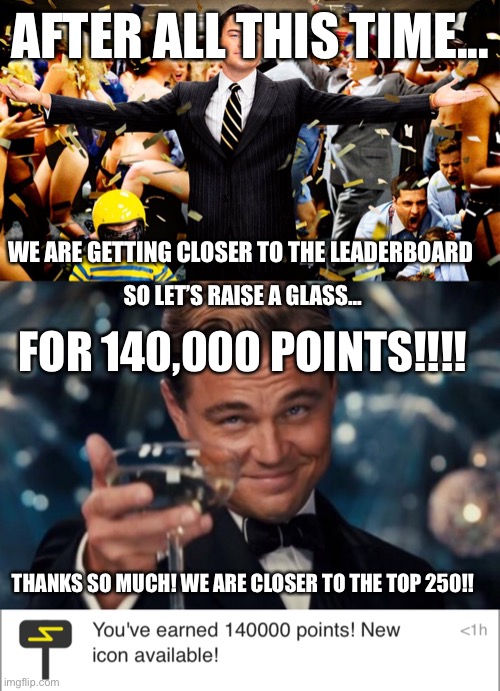 AFTER ALL THIS TIME... WE ARE GETTING CLOSER TO THE LEADERBOARD; SO LET’S RAISE A GLASS... FOR 140,000 POINTS!!!! THANKS SO MUCH! WE ARE CLOSER TO THE TOP 250!! | image tagged in wolf party | made w/ Imgflip meme maker