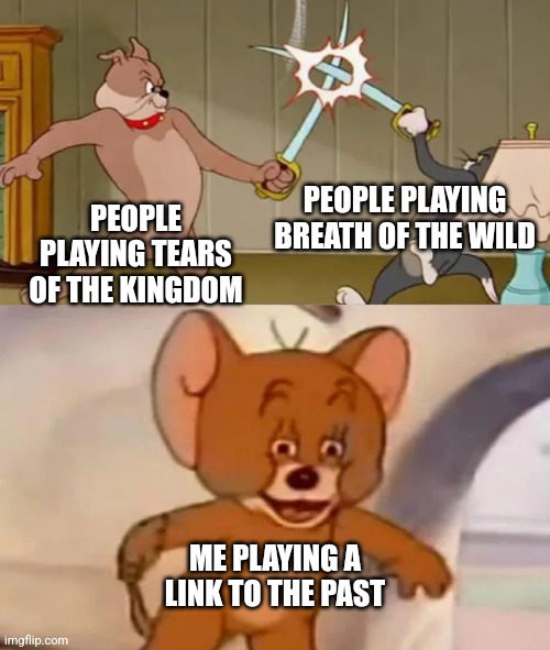 Zelda Games | PEOPLE PLAYING BREATH OF THE WILD; PEOPLE PLAYING TEARS OF THE KINGDOM; ME PLAYING A LINK TO THE PAST | image tagged in tom and spike fighting | made w/ Imgflip meme maker