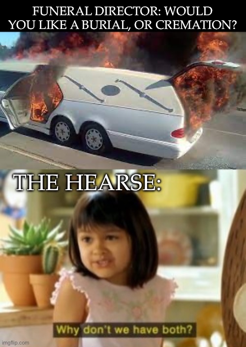 Burial or cremation? | FUNERAL DIRECTOR: WOULD YOU LIKE A BURIAL, OR CREMATION? THE HEARSE: | image tagged in memes,why not both,hearse,dead | made w/ Imgflip meme maker