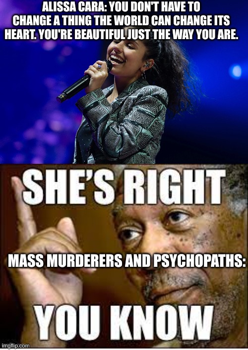 ALISSA CARA: YOU DON'T HAVE TO CHANGE A THING THE WORLD CAN CHANGE ITS HEART. YOU'RE BEAUTIFUL JUST THE WAY YOU ARE. MASS MURDERERS AND PSYCHOPATHS: | image tagged in funny | made w/ Imgflip meme maker