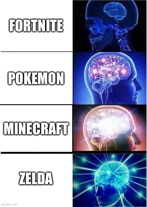 The “best games” in my option | FORTNITE; POKEMON; MINECRAFT; ZELDA | image tagged in memes,expanding brain | made w/ Imgflip meme maker