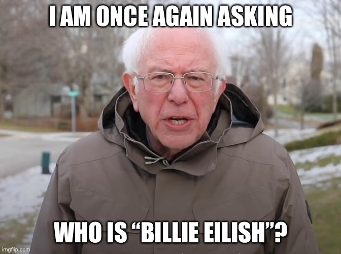 Bernie Sanders Once Again Asking | I AM ONCE AGAIN ASKING; WHO IS “BILLIE EILISH”? | image tagged in bernie sanders once again asking | made w/ Imgflip meme maker