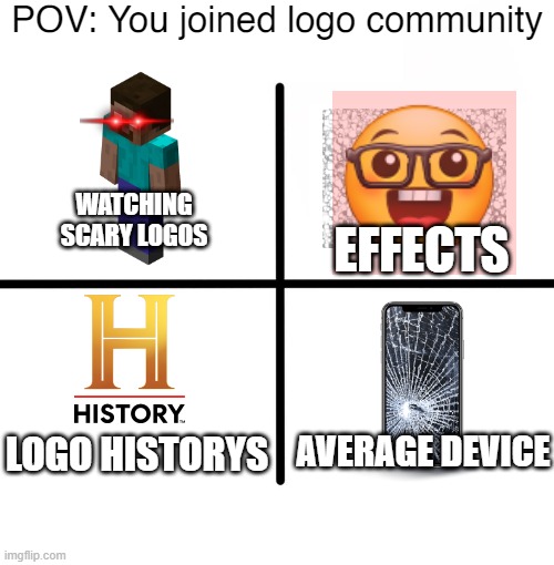 Logo Community starter pack | POV: You joined logo community; WATCHING SCARY LOGOS; EFFECTS; LOGO HISTORYS; AVERAGE DEVICE | image tagged in memes,blank starter pack,starter pack,pov | made w/ Imgflip meme maker
