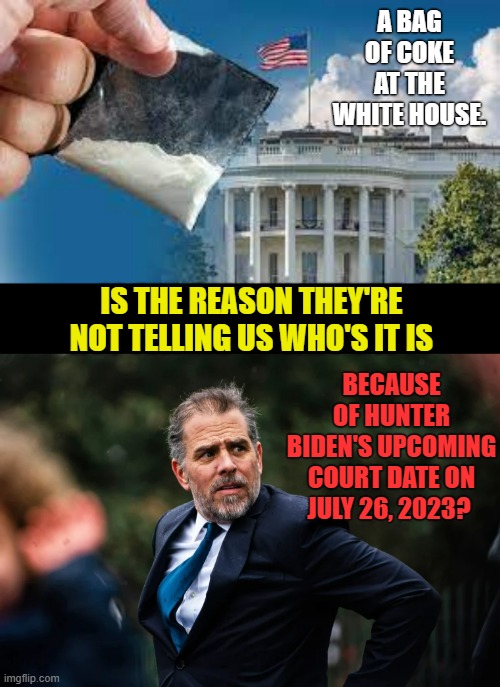 Since They're Lying To Us...And Know Who's Coke It Is...Let's Have Some Fun With it (Part 1) | A BAG OF COKE AT THE WHITE HOUSE. BECAUSE OF HUNTER BIDEN'S UPCOMING COURT DATE ON JULY 26, 2023? IS THE REASON THEY'RE NOT TELLING US WHO'S IT IS | image tagged in memes,politics,cocaine,hunter biden,soon,court | made w/ Imgflip meme maker