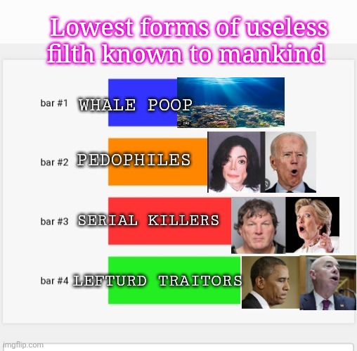 Know Your Filth | Lowest forms of useless filth known to mankind; WHALE POOP; PEDOPHILES; SERIAL KILLERS; LEFTURD TRAITORS | image tagged in libtards,finished,vote,republican party,president trump | made w/ Imgflip meme maker