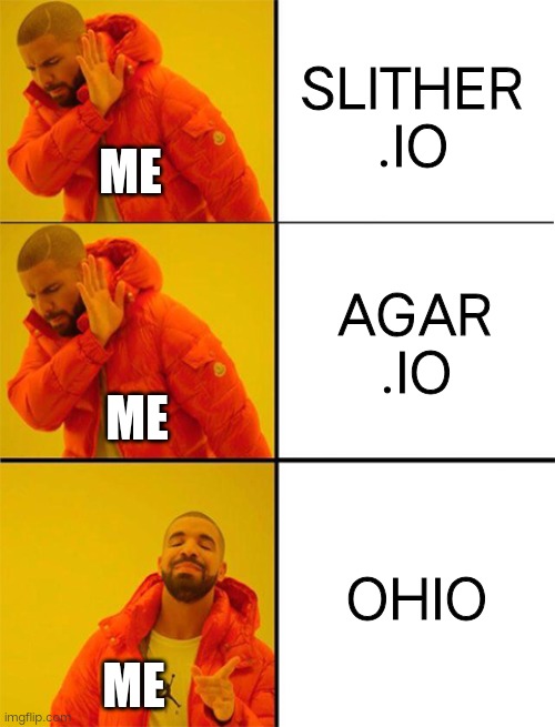 POV: your first death in | SLITHER .IO; ME; AGAR .IO; ME; OHIO; ME | image tagged in drake meme 3 panels,ohio,only in ohio,ohio state | made w/ Imgflip meme maker