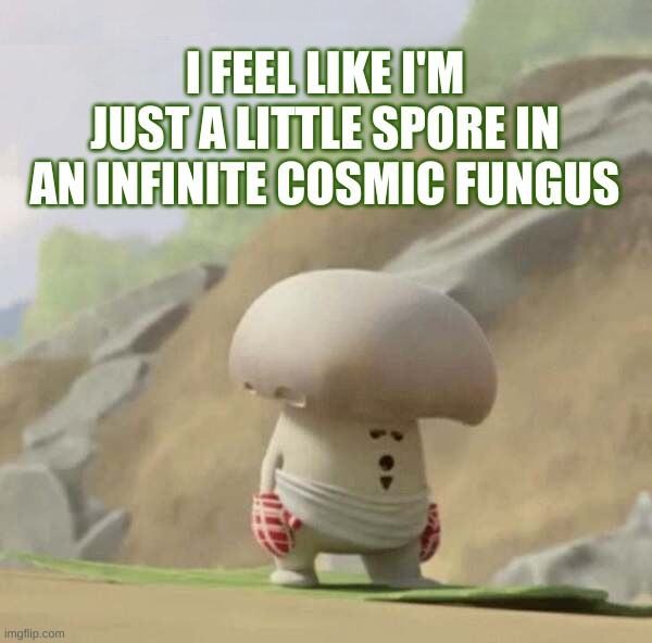 Cosmic Consciousness | I FEEL LIKE I'M JUST A LITTLE SPORE IN AN INFINITE COSMIC FUNGUS | image tagged in mushroom,cosmic,infinity,magic mushrooms,megamind,expanding brain longest version | made w/ Imgflip meme maker