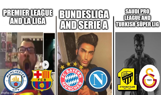 Coming this August.... | SAUDI PRO LEAGUE AND TURKISH SÜPER LIG; BUNDESLIGA AND SERIE A; PREMIER LEAGUE AND LA LIGA | image tagged in nerd vs chad vs giga chad,saudi arabia,turkey,premier league,la liga,futbol | made w/ Imgflip meme maker