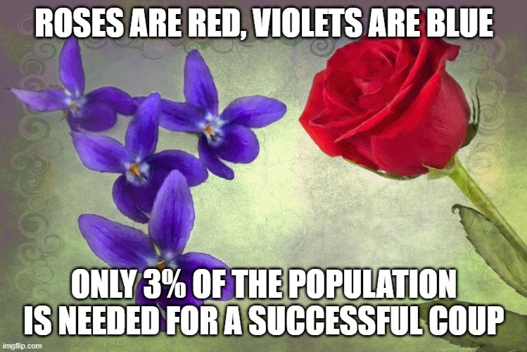 Communist Coup!! | ROSES ARE RED, VIOLETS ARE BLUE; ONLY 3% OF THE POPULATION IS NEEDED FOR A SUCCESSFUL COUP | image tagged in population,government,roses are red violets are blue,communist | made w/ Imgflip meme maker