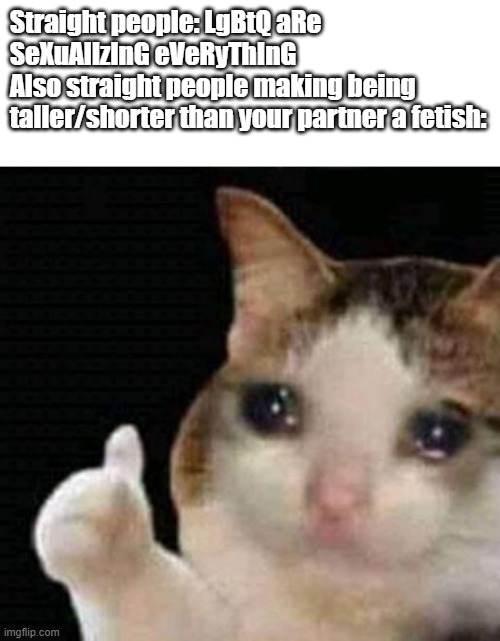 sad thumbs up cat | Straight people: LgBtQ aRe SeXuAlIzInG eVeRyThInG
Also straight people making being taller/shorter than your partner a fetish: | image tagged in sad thumbs up cat | made w/ Imgflip meme maker