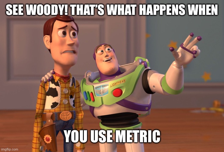 X, X Everywhere Meme | SEE WOODY! THAT’S WHAT HAPPENS WHEN YOU USE METRIC | image tagged in memes,x x everywhere | made w/ Imgflip meme maker