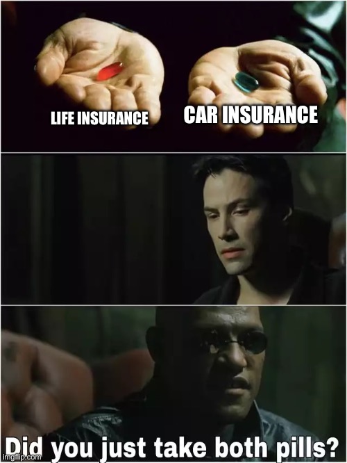Did you just take both pills? | LIFE INSURANCE CAR INSURANCE | image tagged in did you just take both pills | made w/ Imgflip meme maker