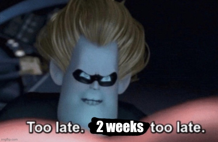 Too Late | 2 weeks | image tagged in too late | made w/ Imgflip meme maker