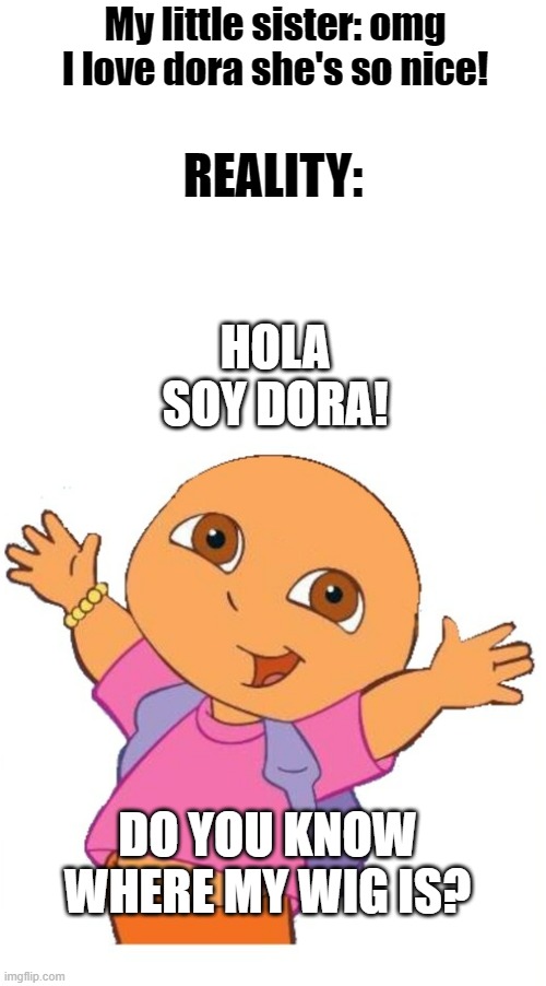 Here are 2 random facts about dora: 1. there is something called the 'swiping disorder', 2. she was 5'2 (157cm) at the age of 7. | My little sister: omg I love dora she's so nice! REALITY:; HOLA SOY DORA! DO YOU KNOW WHERE MY WIG IS? | image tagged in memes,funny,dora the explorer,the truth,wig | made w/ Imgflip meme maker
