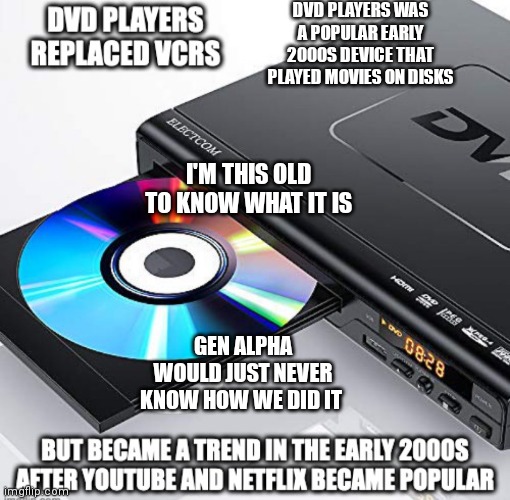 DVDs were the shit | DVD PLAYERS WAS A POPULAR EARLY 2000S DEVICE THAT PLAYED MOVIES ON DISKS; I'M THIS OLD TO KNOW WHAT IT IS; GEN ALPHA WOULD JUST NEVER KNOW HOW WE DID IT | image tagged in dvd player,dvds,nostalgia,gen z nostalgia,disks | made w/ Imgflip meme maker