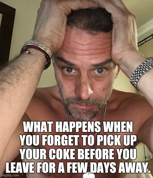 Sad Hunter Biden | WHAT HAPPENS WHEN YOU FORGET TO PICK UP YOUR COKE BEFORE YOU LEAVE FOR A FEW DAYS AWAY. | image tagged in sad hunter biden | made w/ Imgflip meme maker