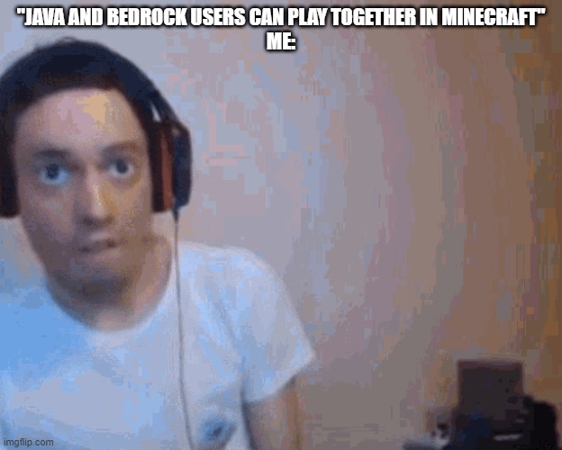 Wizardensid rage | "JAVA AND BEDROCK USERS CAN PLAY TOGETHER IN MINECRAFT"
ME: | image tagged in wizardensid rage | made w/ Imgflip meme maker