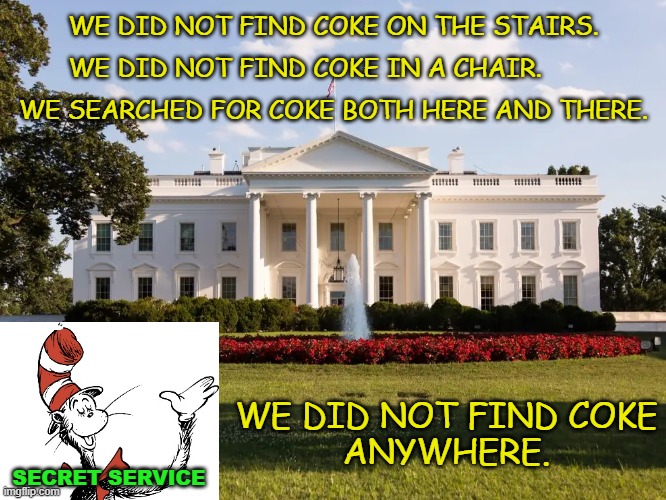 Secret Service Final Report | WE DID NOT FIND COKE ON THE STAIRS. WE DID NOT FIND COKE IN A CHAIR. WE SEARCHED FOR COKE BOTH HERE AND THERE. WE DID NOT FIND COKE
ANYWHERE. SECRET SERVICE | image tagged in white house,secret service,cocaine | made w/ Imgflip meme maker