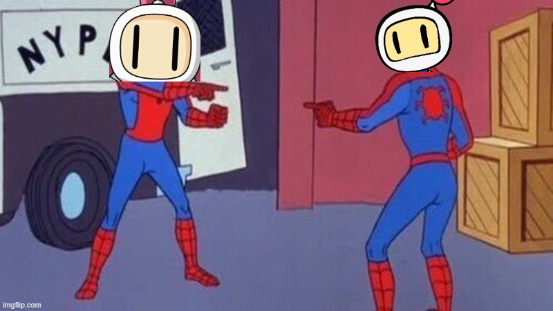 2 Bomberman | image tagged in spiderman pointing at spiderman,white bomber | made w/ Imgflip meme maker