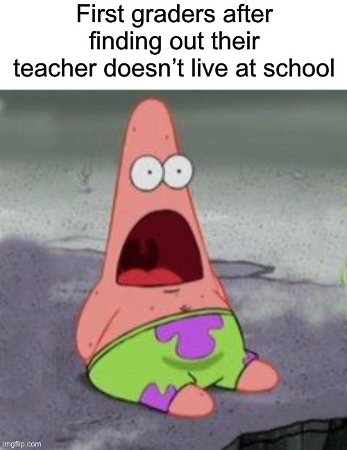 Tbh I thought my teacher lived in school til like 2nd grade | First graders after finding out their teacher doesn’t live at school | image tagged in funny,patrick star,wow,are you actually reading tags like what | made w/ Imgflip meme maker
