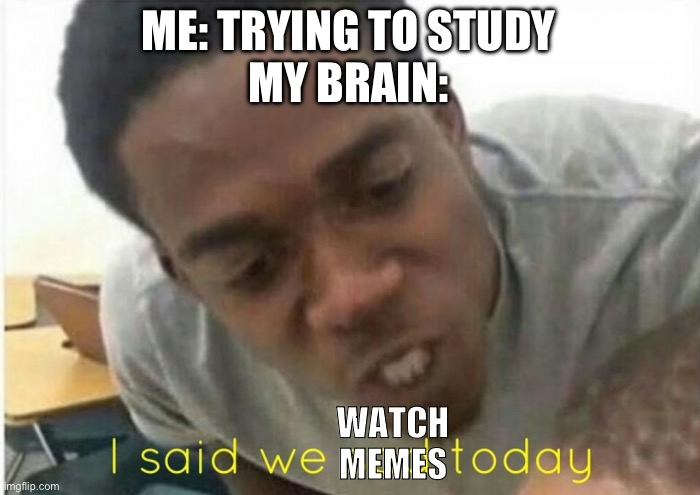 i said we ____ today | ME: TRYING TO STUDY
MY BRAIN:; WATCH MEMES | image tagged in i said we ____ today | made w/ Imgflip meme maker