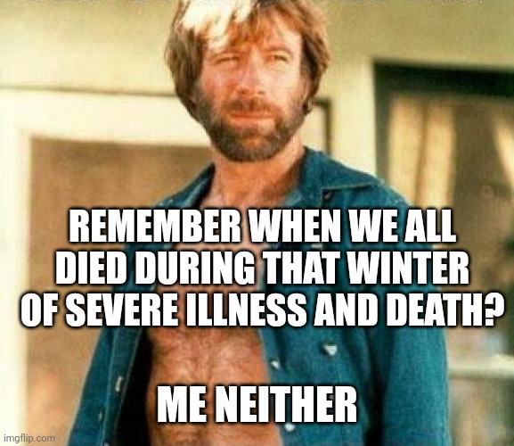 Now we're all gonna die from climate change. | REMEMBER WHEN WE ALL DIED DURING THAT WINTER OF SEVERE ILLNESS AND DEATH? ME NEITHER | image tagged in memes | made w/ Imgflip meme maker