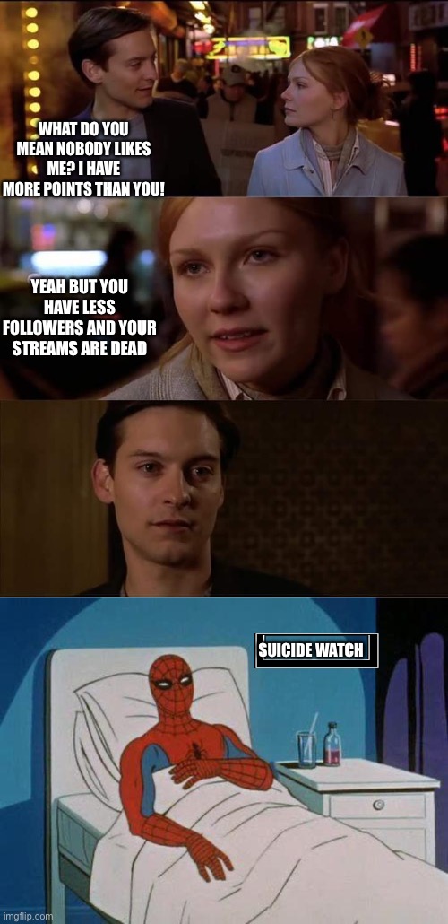 WHAT DO YOU MEAN NOBODY LIKES ME? I HAVE MORE POINTS THAN YOU! YEAH BUT YOU HAVE LESS FOLLOWERS AND YOUR STREAMS ARE DEAD; SUICIDE WATCH | image tagged in peter parker rejected,memes,spiderman hospital | made w/ Imgflip meme maker