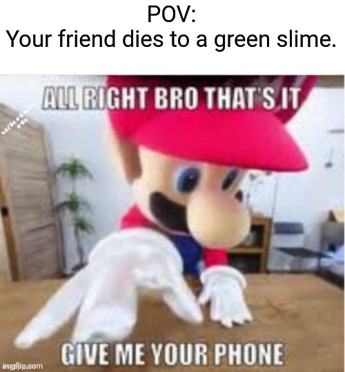 alright bro that's it, give me your phone | POV:
Your friend dies to a green slime. | image tagged in alright bro that's it give me your phone,terraria | made w/ Imgflip meme maker