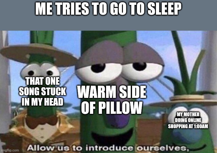 Just why | ME TRIES TO GO TO SLEEP; THAT ONE SONG STUCK IN MY HEAD; WARM SIDE OF PILLOW; MY MOTHER DOING ONLINE SHOPPING AT 1:00AM | image tagged in allow us to introduce ourselves,bed,sleep,memes,relatable,mom | made w/ Imgflip meme maker