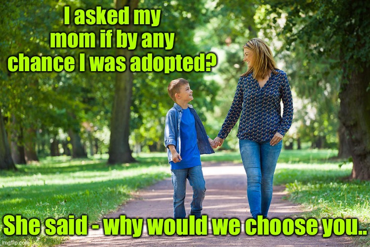 Was I adopted | I asked my mom if by any chance I was adopted? She said - why would we choose you.. | image tagged in mom and son walking,adoption,why would we,choose you | made w/ Imgflip meme maker