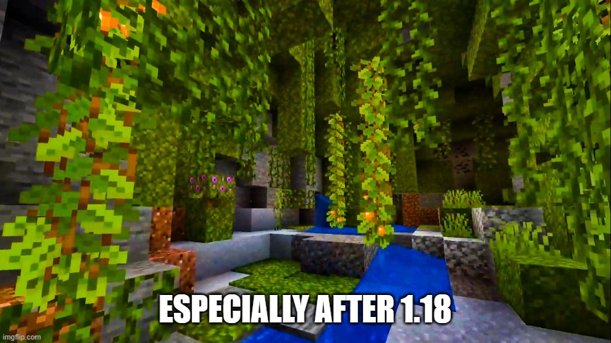Minecraft 1.17 Lush Cave | ESPECIALLY AFTER 1.18 | image tagged in minecraft 1 17 lush cave | made w/ Imgflip meme maker