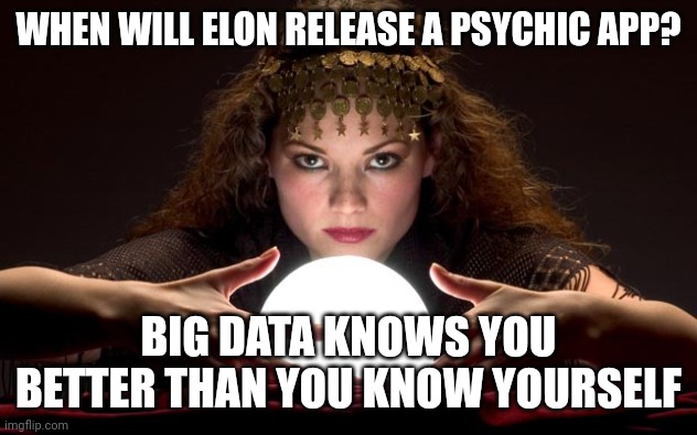 Elon Big Data Psychic Medium | WHEN WILL ELON RELEASE A PSYCHIC APP? BIG DATA KNOWS YOU BETTER THAN YOU KNOW YOURSELF | image tagged in psychic with crystal ball | made w/ Imgflip meme maker
