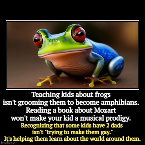 This whole anti-frog hysteria makes no sense. | Teaching kids about frogs isn't grooming them to become amphibians.
Reading a book about Mozart won't make your kid a musical prodigy. | Rec | image tagged in funny,demotivationals,frogs,mozart,gay,groom | made w/ Imgflip demotivational maker