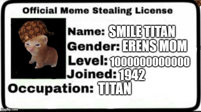 Meme Stealing License | SMILE TITAN; ERENS MOM; 1000000000000; 1942; TITAN | image tagged in meme stealing license | made w/ Imgflip meme maker