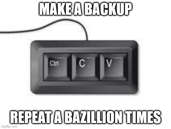 Backup | MAKE A BACKUP; REPEAT A BAZILLION TIMES | image tagged in copy paste meme | made w/ Imgflip meme maker