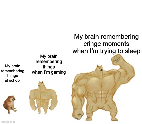 Relatable | My brain remembering cringe moments when I’m trying to sleep; My brain remembering things when I’m gaming; My brain remembering things at school | image tagged in cheems buff doge ultra doge,memes,funny,relatable,buff doge vs cheems | made w/ Imgflip meme maker